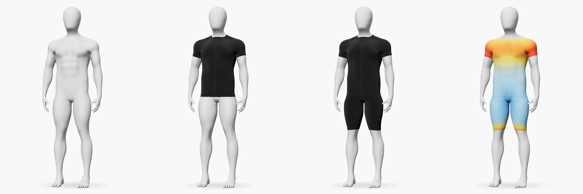 The same mannequin in four steps: the body, a jersey, bib shorts and the fit map of fabric tension