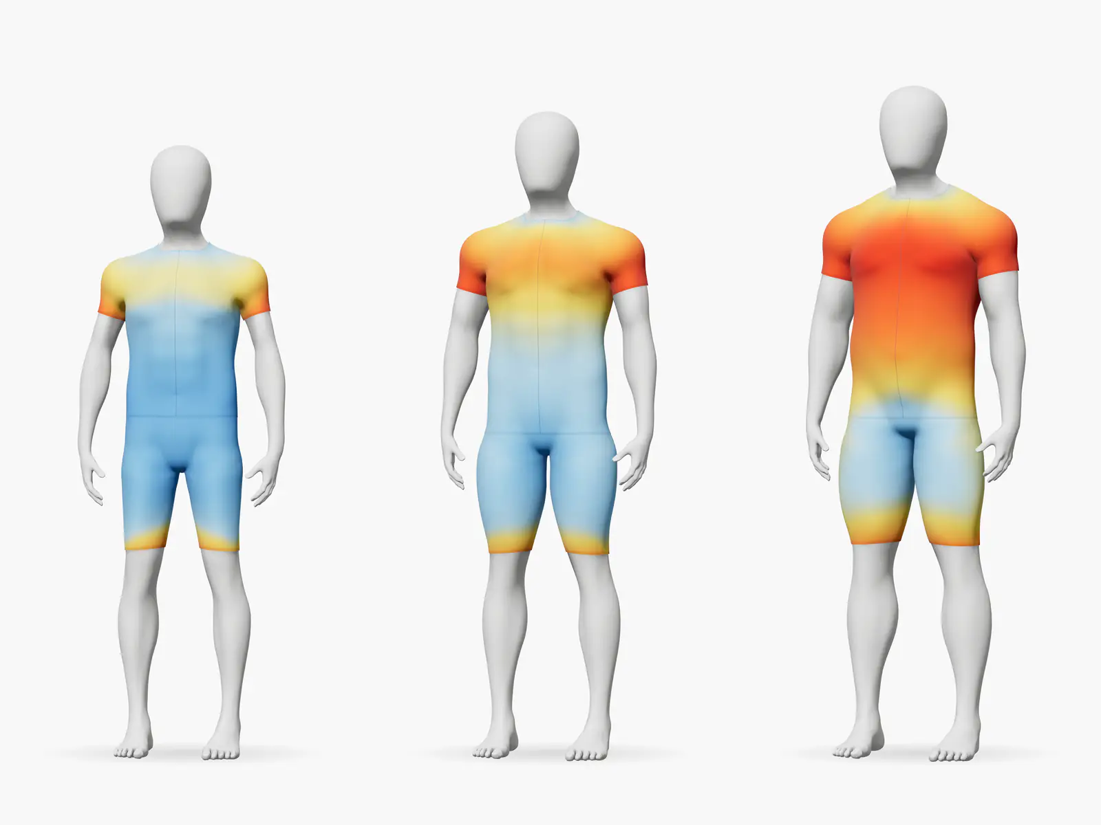 One jersey and bib shorts in size M on three bodies, each with its own fit map