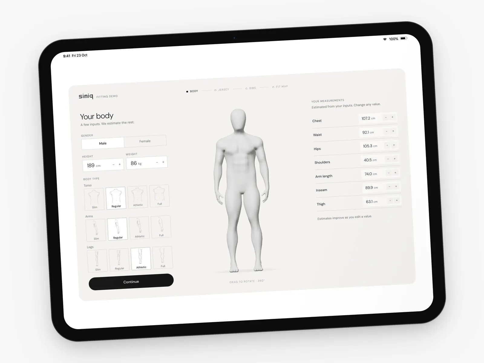 The simiq Body step on a tablet: height, weight, build and the estimated measurements
